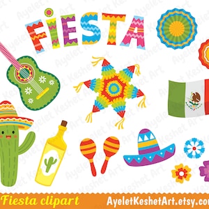 May include: A set of colorful digital clipart images featuring a guitar, a cactus wearing a sombrero, a bottle of tequila, maracas, a sombrero, a pinata, a Mexican flag, and flowers. The word "FIESTA" is written in colorful letters at the top of the image.