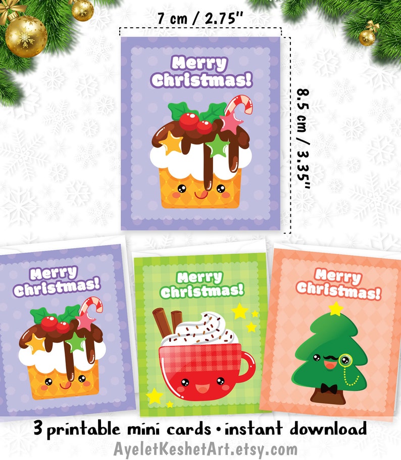 Set of 3 Mini Printable Merry Christmas Cards & Envelope - Etsy Israel