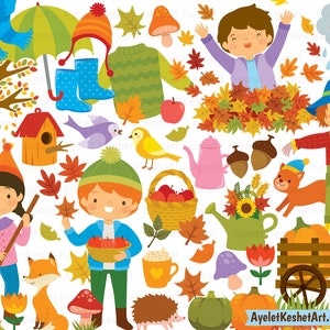 Cute fall clipart set with autumn leaves, kids, forest animals and items for fall. Personal & commercial use. PNG, SVG, EPS vector files. image 2