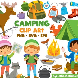 Conjunto de imágenes prediseñadas de campamento. Viajes y actividades al aire libre, equipo para acampar y animales salvajes. Para uso personal y comercial. Archivos PNG, SVG, EPS.