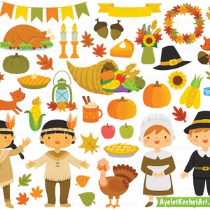 Thanksgiving clipart set with natives and pilgrims, autumn leaves, pumpkins and items for fall. PNG, SVG, EPS vector files. image 2