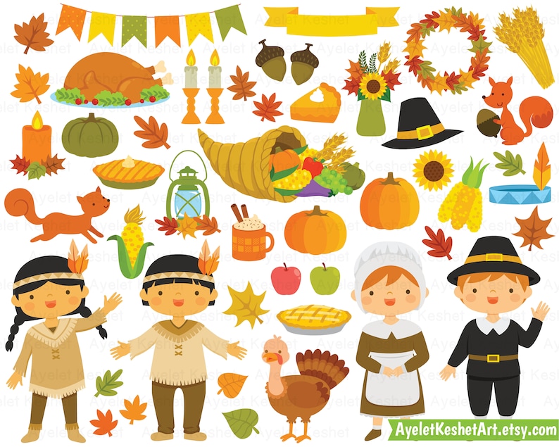 Thanksgiving clipart set with natives and pilgrims, autumn leaves, pumpkins and items for fall. PNG, SVG, EPS vector files. image 2