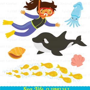 May include: A set of colorful sea life clipart illustrations. The set includes a girl scuba diving, a killer whale, a squid, a seashell, a pink seashell, and a school of yellow fish.