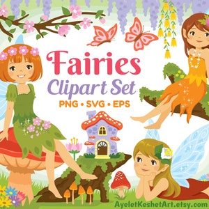 Lot de cliparts de fées. Fées magiques, forêt, fleurs et éléments de la nature. Fichiers vectoriels PNG, SVG, EPS, pour usage personnel et commercial.