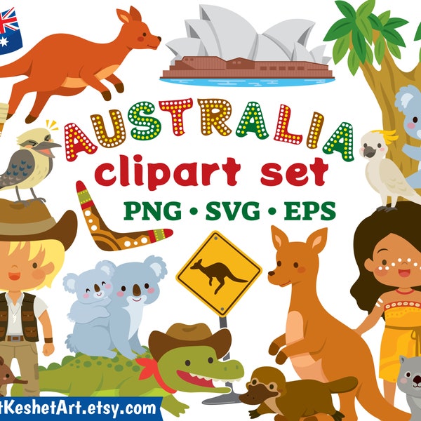 Australia clipart bundle. Cute Australian animals, Australian symbols and cartoon kids. SVG, PNG, EPS. For personal & commercial use.