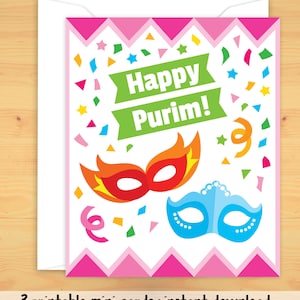 Printable Happy Purim Card Set &amp; Envelopes. 3 Small Printable Cards or ...