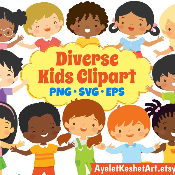 Diverse kids clipart. Multi ethnic children (white, Asian and black kids) in various poses. For personal & commercial use. PNG, SVG, EPS.