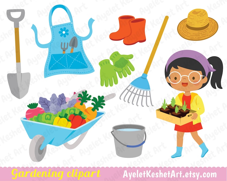 May include: A set of gardening clipart featuring a blue apron with a flower design, a wheelbarrow filled with vegetables, a shovel, a rake, a pair of gardening gloves, a bucket, a straw hat, a pair of red rain boots, and a girl holding a tray of seedlings.