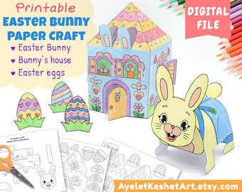 Easter bunny paper craft with a house and Easter eggs. Printable Easter craft and coloring for kids. Digital file, Instant download.