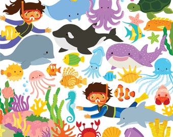 May include: A colorful clipart set featuring various sea creatures, including a whale, octopus, dolphin, seahorse, jellyfish, and a crab. There are also two children wearing scuba gear, coral reefs, and seashells. The text "Sea Life CLIPART SET" and "AyeletKeshetArt.etsy.com" is included in the image.