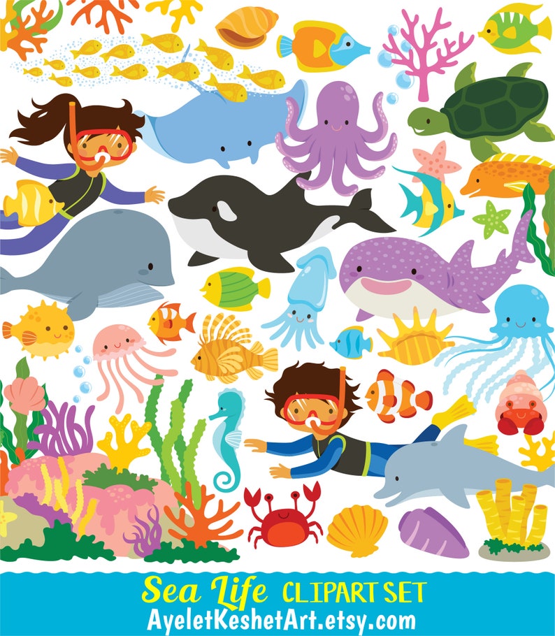 May include: A colorful clipart set featuring various sea creatures, including a whale, octopus, dolphin, seahorse, jellyfish, and a crab. There are also two children wearing scuba gear, coral reefs, and seashells. The text "Sea Life CLIPART SET" and "AyeletKeshetArt.etsy.com" is included in the image.