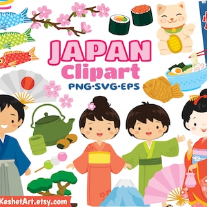 Paquete de imágenes prediseñadas de Japón. Artículos japoneses adorables, símbolos japoneses, geishas, samuráis y niños con kimono. SVG, PNG, EPS. Para uso personal y comercial.