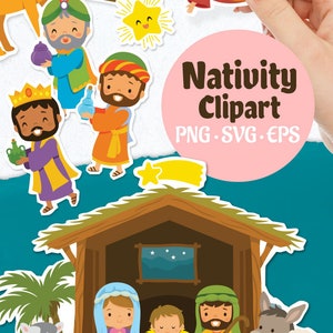 Nativity clipart set for Christmas. Digital clipart bundle with cute illustrations of baby Jesus, Mary and others. PNG, SVG, EPS files. image 7