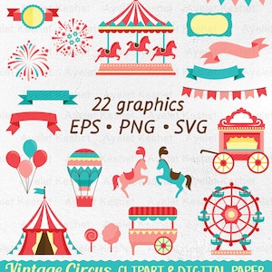 May include: A set of 22 vintage circus clip art graphics in red, blue, and yellow. The graphics include a carousel, a Ferris wheel, a hot air balloon, a tent, a popcorn cart, a wagon, and fireworks. The graphics are in EPS, PNG, and SVG formats.