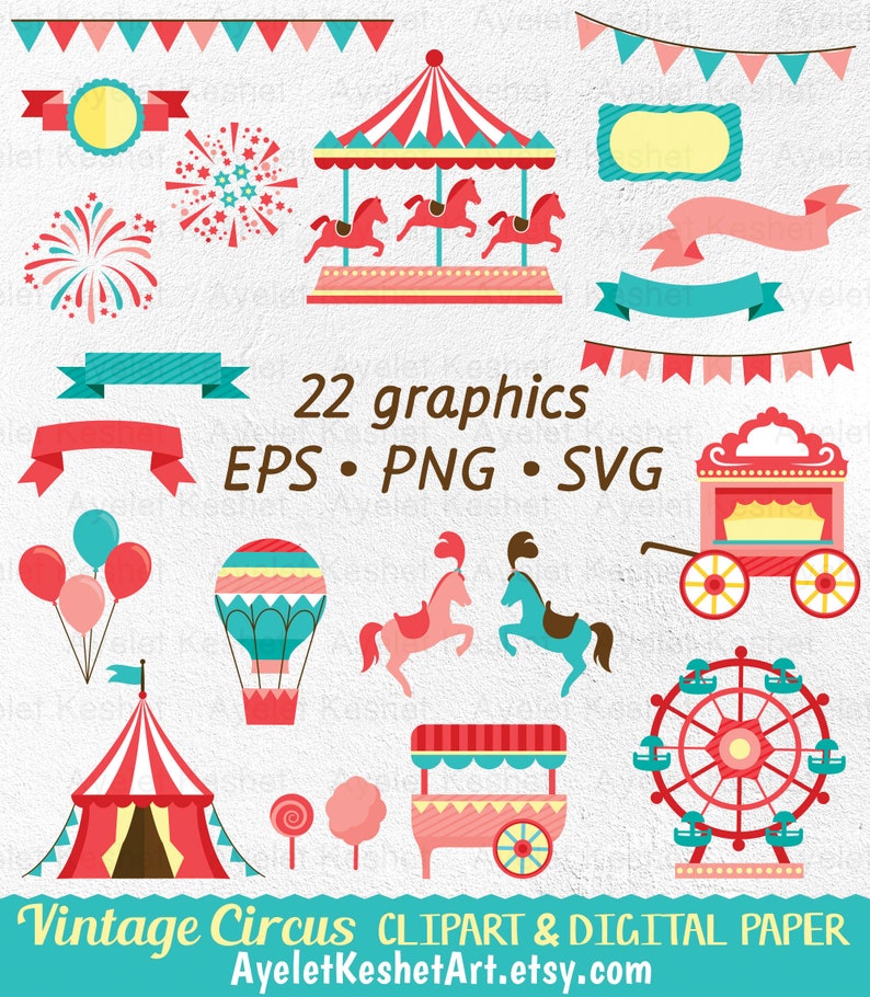 May include: A set of 22 vintage circus clip art graphics in red, blue, and yellow. The graphics include a carousel, a Ferris wheel, a hot air balloon, a tent, a popcorn cart, a wagon, and fireworks. The graphics are in EPS, PNG, and SVG formats.