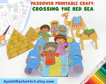 Passover craft: make the crossing of the Red Sea from paper! Printable Passover craft and coloring for kids. Digital file, Instant download.