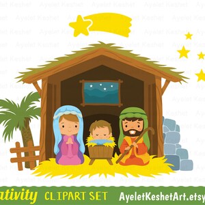 Nativity clipart set for Christmas. Digital clipart bundle with cute illustrations of baby Jesus, Mary and others. PNG, SVG, EPS files. image 2