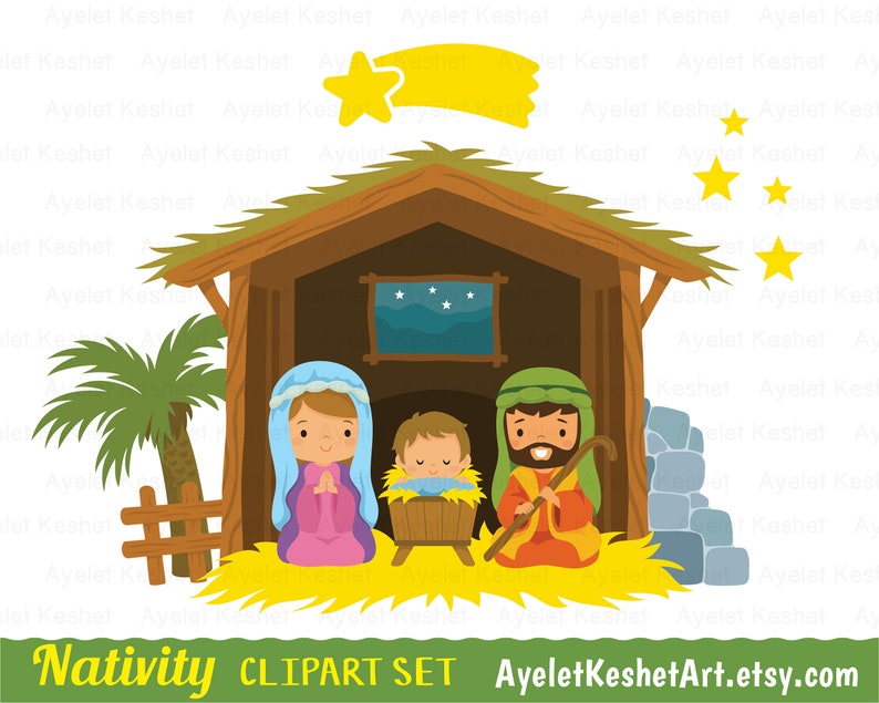 Nativity clipart set for Christmas. Digital clipart bundle with cute illustrations of baby Jesus, Mary and others. PNG, SVG, EPS files. image 2