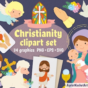 Christliche Clipart-Set. Digitales Clipart-Bundle mit niedlichen religiösen Illustrationen, darunter Jesus, Maria, Bibel und mehr.  PNG-, SVG-, EPS-Dateien.