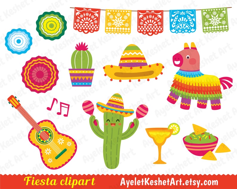 May include: A set of colorful fiesta clipart images, including a guitar, cactus, sombrero, pinata, maracas, a margarita glass, guacamole and chips, and a string of festive flags.