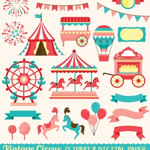 May include: Vintage circus clipart and digital paper with red, pink, and blue colors. The clipart includes a Ferris wheel, carousel, tent, hot air balloon, popcorn stand, and more.