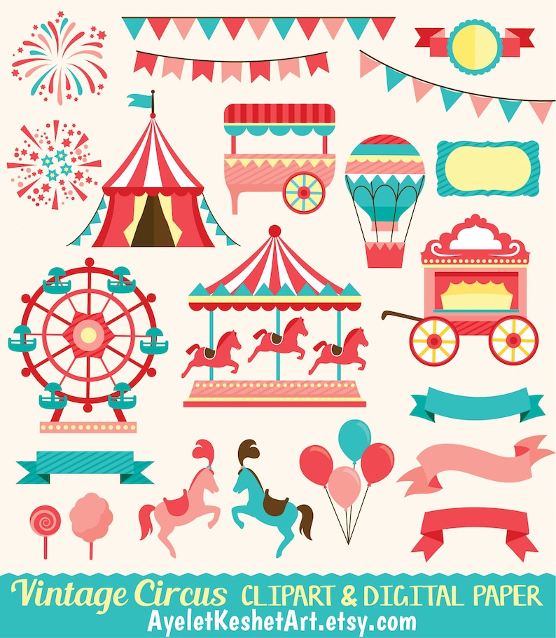 May include: Vintage circus clipart and digital paper with red, pink, and blue colors. The clipart includes a Ferris wheel, carousel, tent, hot air balloon, popcorn stand, and more.