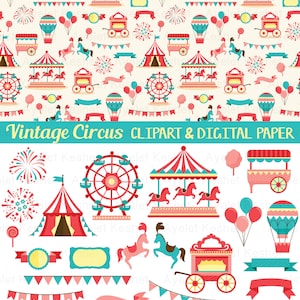 Vintage circus clipart bundle and digital paper. PNG, SVG and EPS vector files. For personal & commercial use.