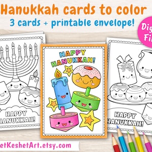 Chanoekakaarten om in te kleuren. 3 kleurplaten van een Happy Hanukkah-kaart. Leuke afdrukbare kawaii-wenskaarten, direct te downloaden (pdf)