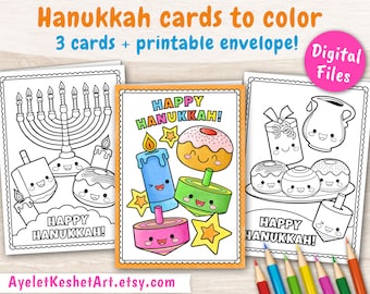 Chanukka Karten zum ausmalen. 3 Ausmalseiten zum Ausdrucken. Niedliche kawaii Grusskarten zum sofort herunterladen (PDF)