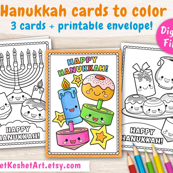 Hanukkah cards to color. 3 coloring pages of Happy Hanukkah card. Cute kawaii printable greeting cards, instant download (PDF)