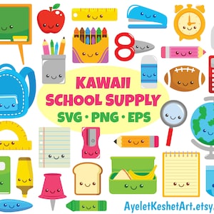 Kawaii Schule Clipart. Niedliches digitales Clipart für den persönlichen und kommerziellen Gebrauch. PNG, SVG, EPS Vektordateien, sofortiger Download.