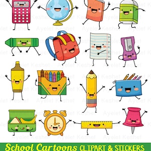 Niedliches Schul-Clipart-Set und druckbare Aufkleber. Niedliches digitales Clipart-Bundle für den persönlichen und kommerziellen Gebrauch. Sofortiger Download.