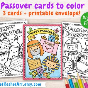 Cartes de Pessah à colorier. 3 pages à colorier de cartes de vœux de Joyeuse Pâque, à faire comme loisirs créatifs. Cartes de voeux imprimables DIY, téléchargement immédiat (PDF)