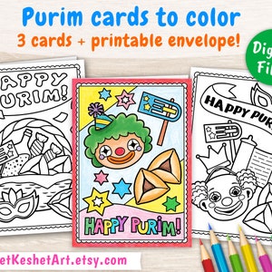 Cartões de Purim para colorir. 3 páginas para colorir de cartões Happy Purim, mais envelope para impressão. Cartões de felicitações fofos para impressão, download instantâneo (PDF)