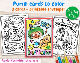 Purim cards to color. 3 coloring pages of Happy Purim cards, plus printable envelope. Cute printable greeting cards, instant download (PDF)