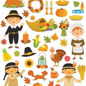 Thanksgiving clipart set with natives and pilgrims, autumn leaves, pumpkins and items for fall. PNG, SVG, EPS vector files. image 7