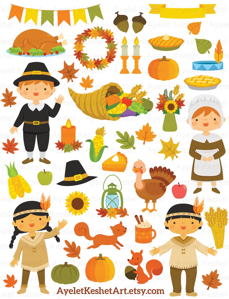 Thanksgiving clipart set with natives and pilgrims, autumn leaves, pumpkins and items for fall. PNG, SVG, EPS vector files. image 7
