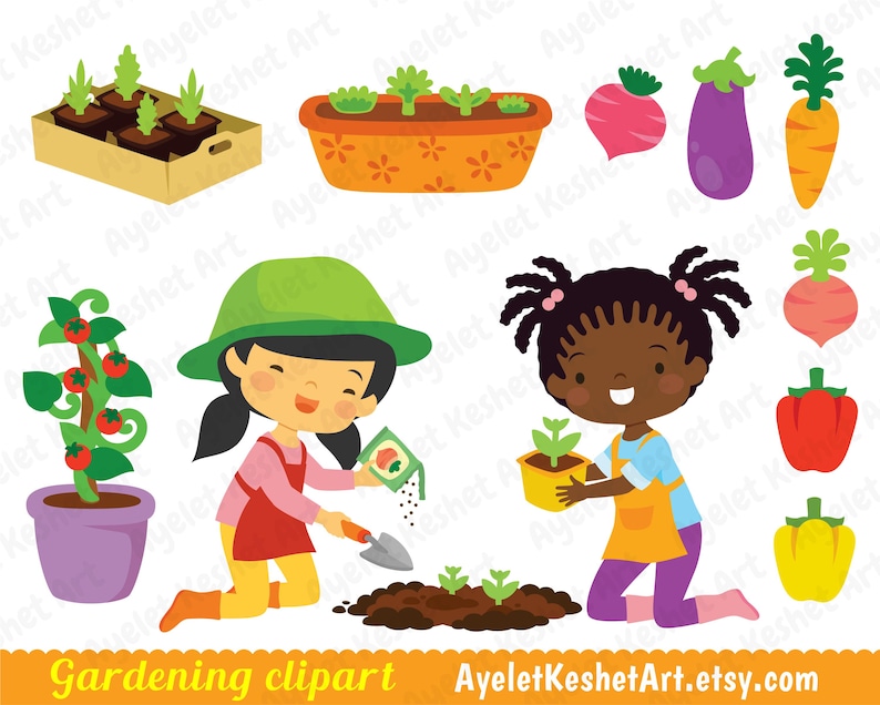 May include: A set of colorful gardening clipart featuring two children, one with brown skin and one with light skin, planting and tending to plants. The clipart includes a variety of plants, vegetables, and gardening tools.