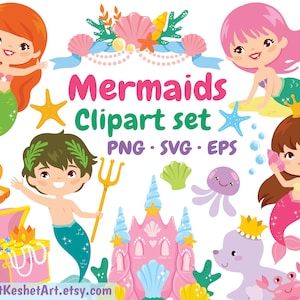 Mermaids clipart bundle. Cute mermaids and mermen in a magical sea world. SVG, PNG, EPS. For personal & commercial use.