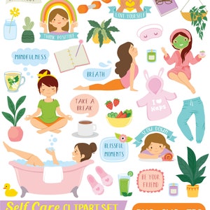 Conjunto de imágenes prediseñadas de autocuidado. Lindo paquete de imágenes prediseñadas de bienestar y salud, para uso personal y comercial. PNG, SVG, archivos EPS. Descarga instantánea.