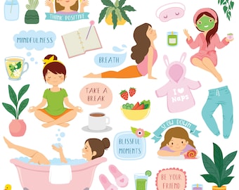 Zelfzorg clipart set. Leuke clipartbundel van welzijn en gezondheid, voor persoonlijk en commercieel gebruik. PNG, SVG, EPS-bestanden. Directe download.