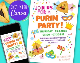 Purim party invitation template - customize your editable Purim carnival invite in Canva! Easy to edit printable template. Instant download.