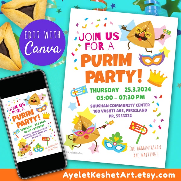 Purim party invitation template - customize your editable Purim carnival invite in Canva! Easy to edit printable template. Instant download.