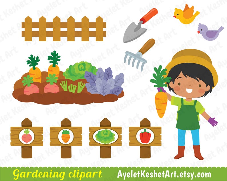 May include: A set of colorful gardening clipart featuring a wooden fence, a garden bed with carrots, radishes, lettuce, and cabbage, a girl holding a carrot, a trowel, a rake, a yellow bird, and a purple bird. There are also five signs with images of a radish, a carrot, a head of lettuce, a bell pepper, and a cabbage.
