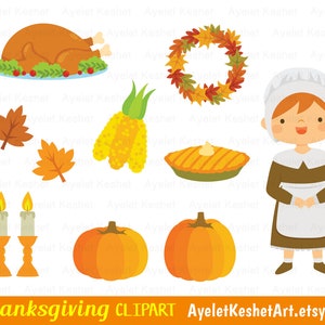 Thanksgiving clipart set with natives and pilgrims, autumn leaves, pumpkins and items for fall. PNG, SVG, EPS vector files. image 4