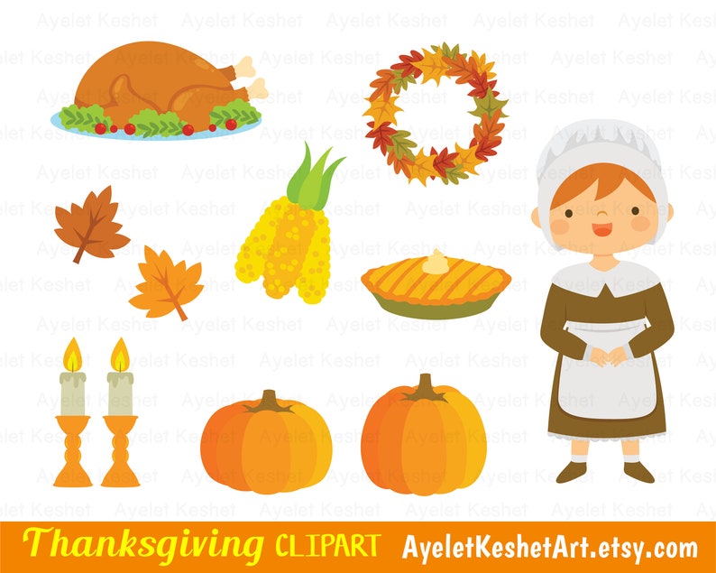 Thanksgiving clipart set with natives and pilgrims, autumn leaves, pumpkins and items for fall. PNG, SVG, EPS vector files. image 4