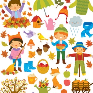 Cute fall clipart set with autumn leaves, kids, forest animals and items for fall. Personal & commercial use. PNG, SVG, EPS vector files. image 9