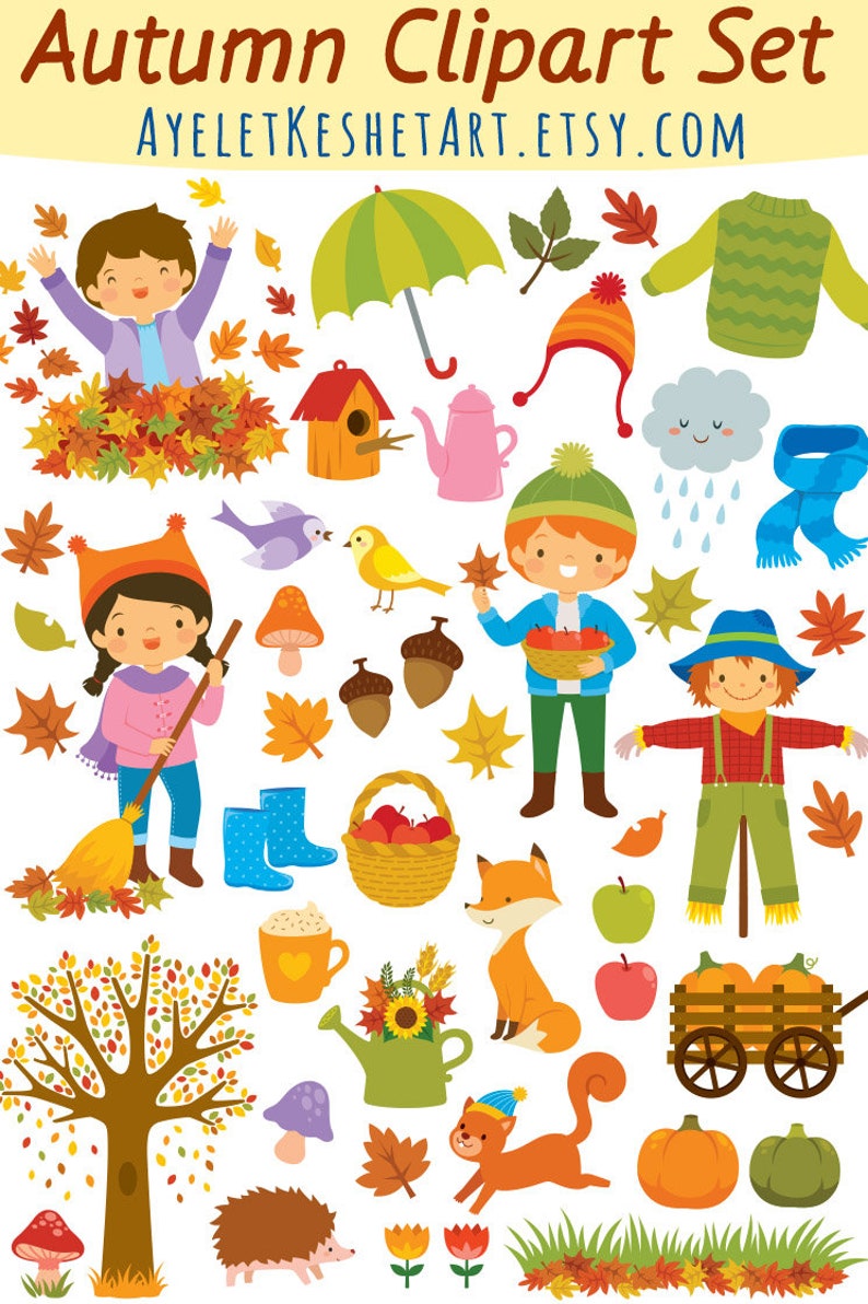 Cute fall clipart set with autumn leaves, kids, forest animals and items for fall. Personal & commercial use. PNG, SVG, EPS vector files. image 9