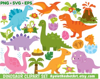 Dinosaur clipart set. Cute dinosaurs clipart bundle for personal & commercial use. PNG and EPS digital files. Instant download.