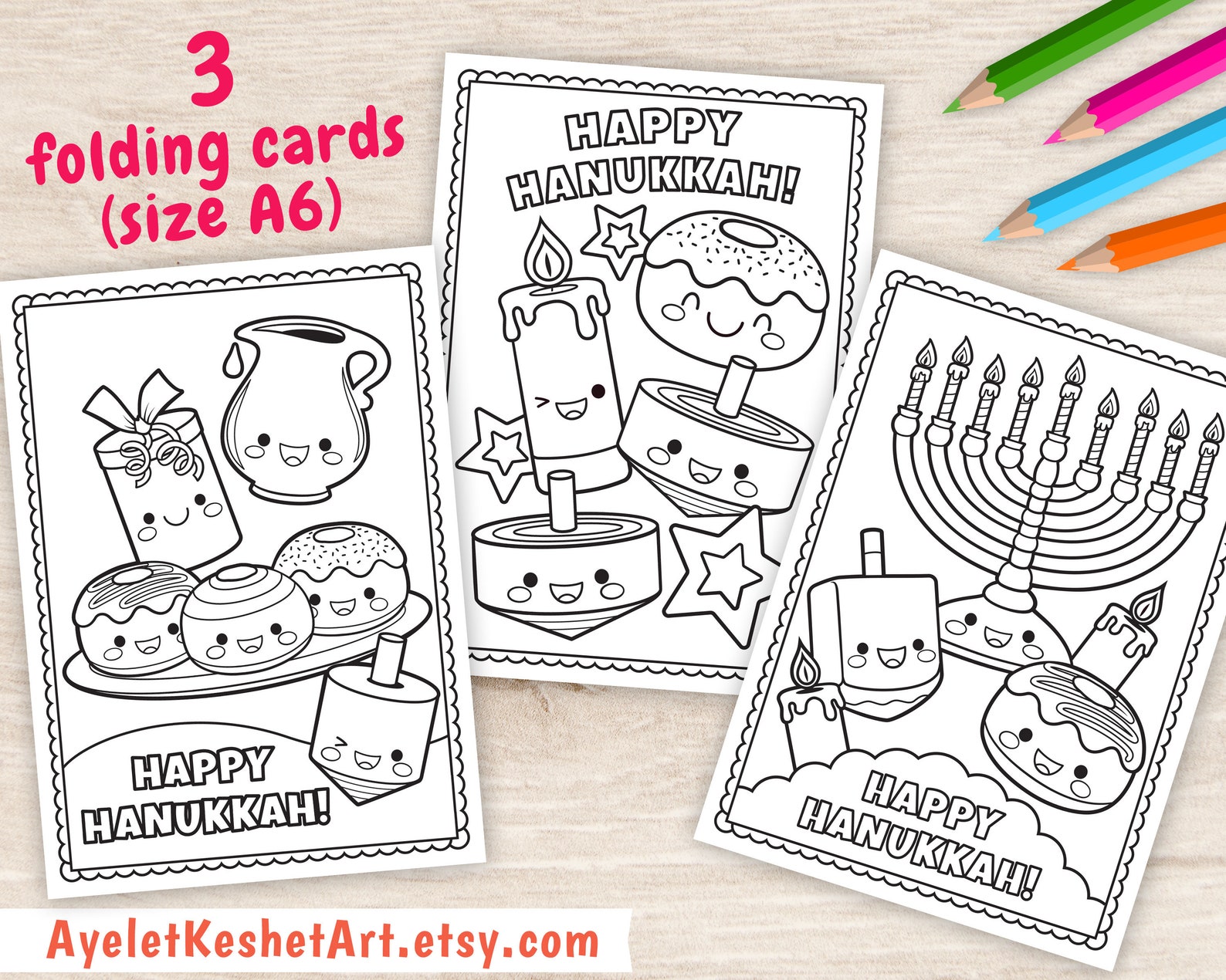 Hanukkah Cards to Color. 3 Coloring Pages of Happy Hanukkah Card. Cute ...